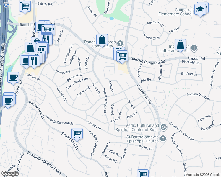 map of restaurants, bars, coffee shops, grocery stores, and more near 16618 Orilla Drive in San Diego