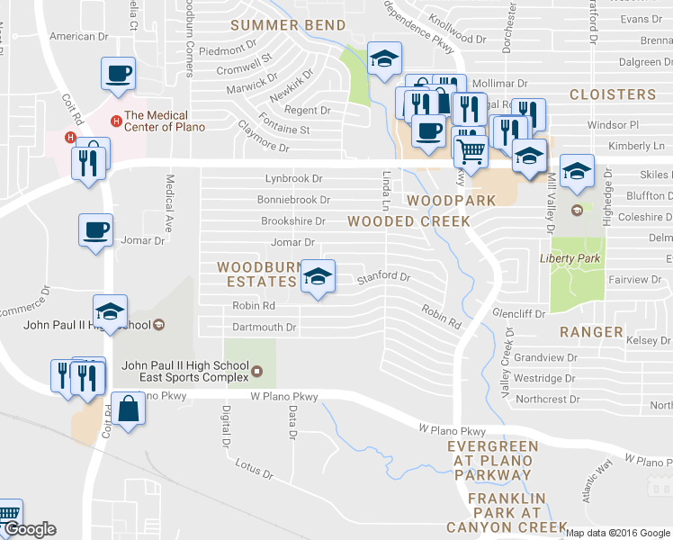map of restaurants, bars, coffee shops, grocery stores, and more near 3216 Forester Way in Plano