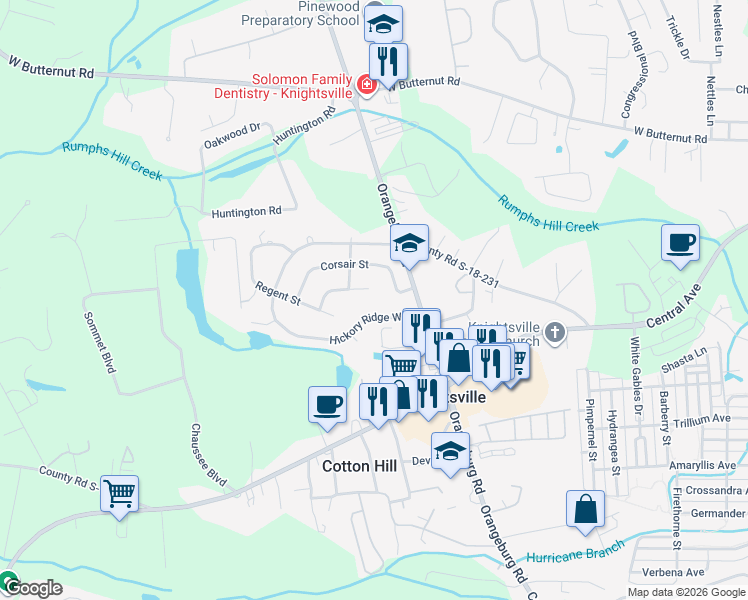 map of restaurants, bars, coffee shops, grocery stores, and more near 130 Coronet Street in Summerville