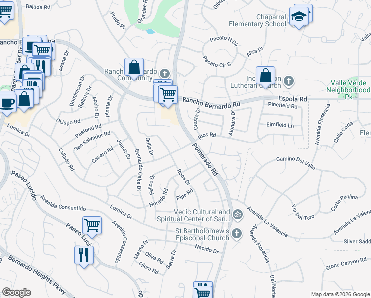 map of restaurants, bars, coffee shops, grocery stores, and more near 12525 Rios Road in San Diego