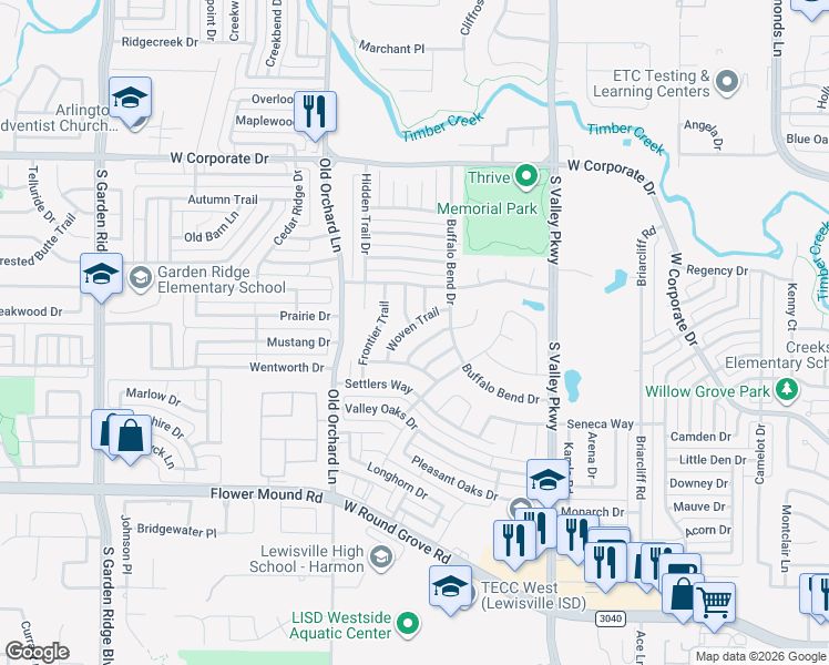 map of restaurants, bars, coffee shops, grocery stores, and more near 2015 Woven Trail in Lewisville