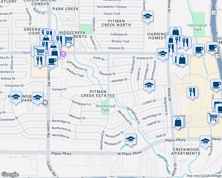 map of restaurants, bars, coffee shops, grocery stores, and more near 1108 Westwood Drive in Plano
