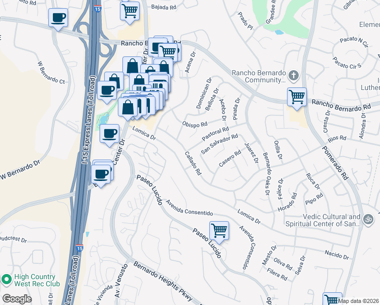 map of restaurants, bars, coffee shops, grocery stores, and more near 12058 Callado Road in San Diego