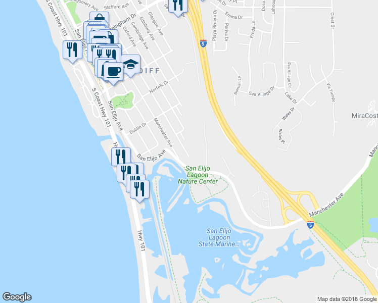 map of restaurants, bars, coffee shops, grocery stores, and more near 2581 Montgomery Avenue in Cardiff By The Sea