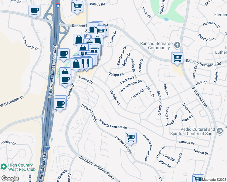 map of restaurants, bars, coffee shops, grocery stores, and more near 12066 Callado Road in San Diego