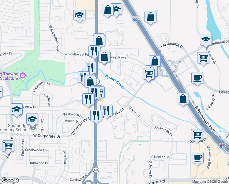 map of restaurants, bars, coffee shops, grocery stores, and more near 1902 South State Highway 121 in Lewisville