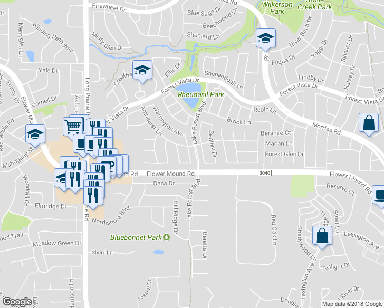 map of restaurants, bars, coffee shops, grocery stores, and more near 2112 Remmington Drive in Flower Mound