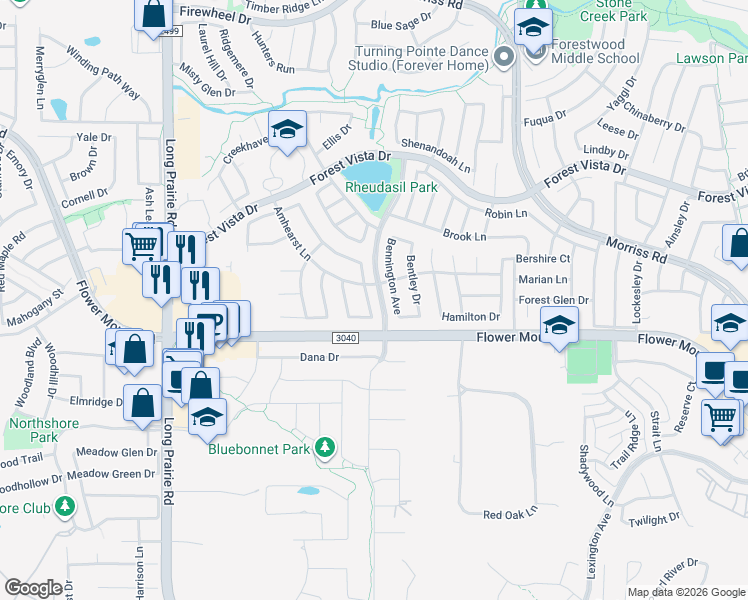 map of restaurants, bars, coffee shops, grocery stores, and more near 2112 Remmington Drive in Flower Mound