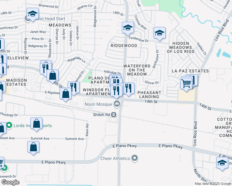 map of restaurants, bars, coffee shops, grocery stores, and more near 1409 Shiloh Road in Plano
