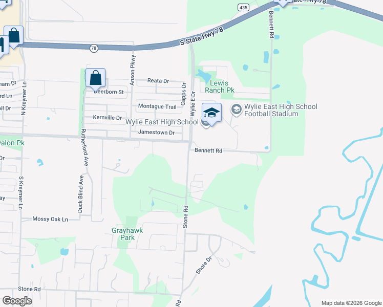 map of restaurants, bars, coffee shops, grocery stores, and more near 7604 Bennett Road in Wylie