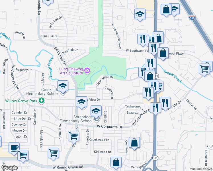 map of restaurants, bars, coffee shops, grocery stores, and more near 2009 Terence Lane in Lewisville