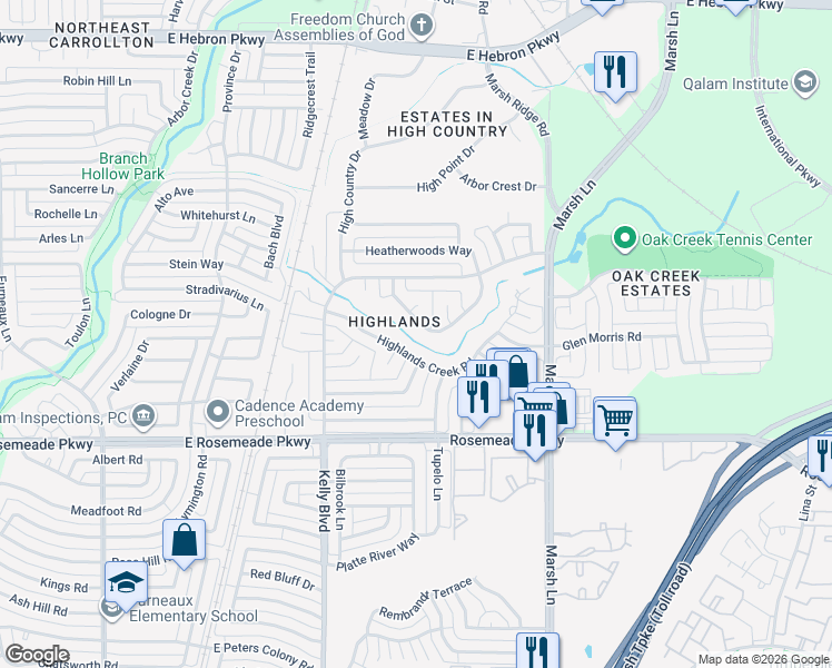 map of restaurants, bars, coffee shops, grocery stores, and more near 2314 Aberdeen Bend in Carrollton