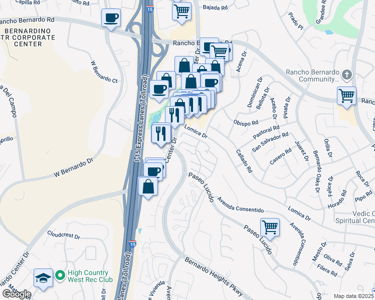 map of restaurants, bars, coffee shops, grocery stores, and more near 11842 Paseo Lucido in San Diego