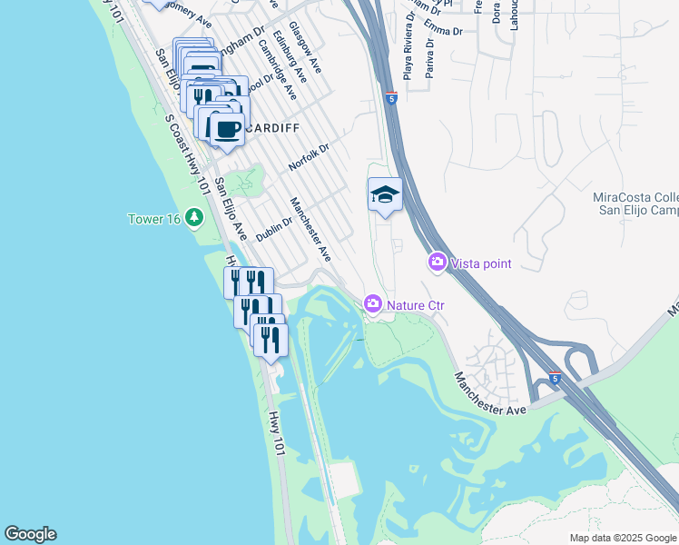 map of restaurants, bars, coffee shops, grocery stores, and more near 2556 Manchester Avenue in Encinitas