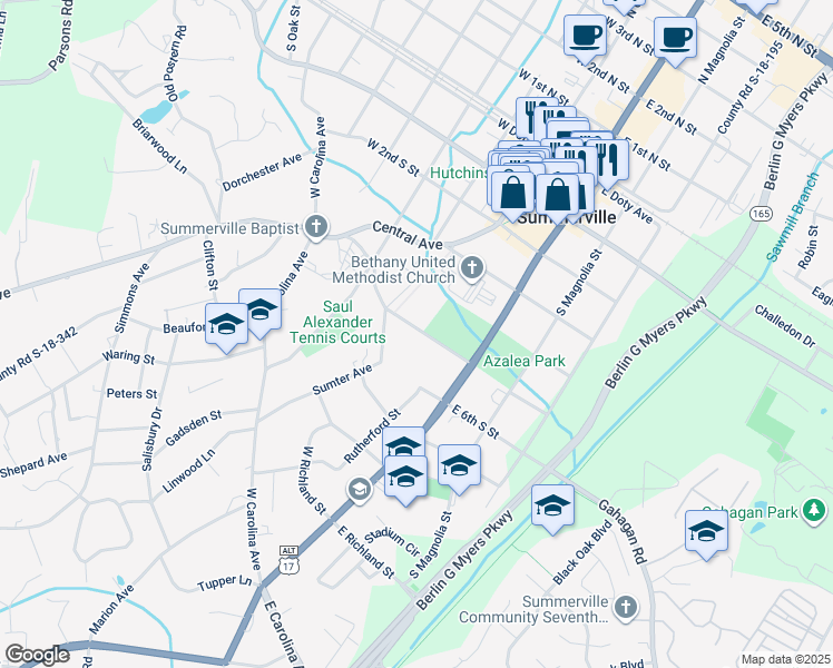 map of restaurants, bars, coffee shops, grocery stores, and more near 114B West 5th South Street in Summerville