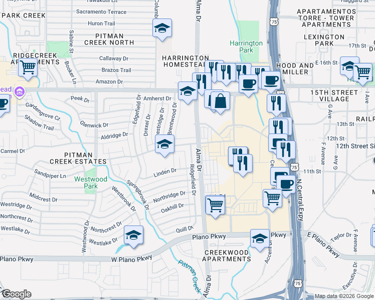 map of restaurants, bars, coffee shops, grocery stores, and more near 1021 Ridgefield Drive in Plano