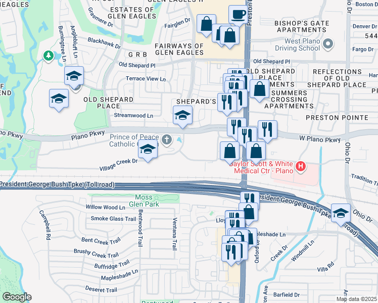 map of restaurants, bars, coffee shops, grocery stores, and more near 1308 Village Creek Drive in Plano