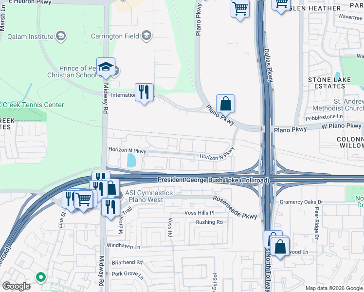 map of restaurants, bars, coffee shops, grocery stores, and more near 4341 Horizon North Parkway in Dallas