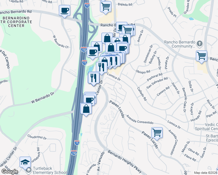 map of restaurants, bars, coffee shops, grocery stores, and more near 11840 Paseo Lucido in San Diego