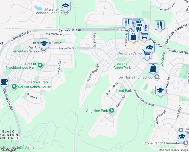 map of restaurants, bars, coffee shops, grocery stores, and more near 15713 Tanner Ridge Road in San Diego