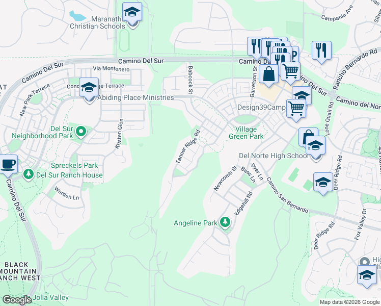 map of restaurants, bars, coffee shops, grocery stores, and more near 15711 Tanner Ridge Road in San Diego