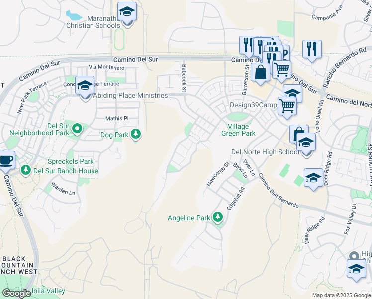 map of restaurants, bars, coffee shops, grocery stores, and more near 15713 Tanner Ridge Road in San Diego