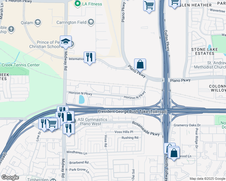map of restaurants, bars, coffee shops, grocery stores, and more near 4341 Horizon North Parkway in Dallas