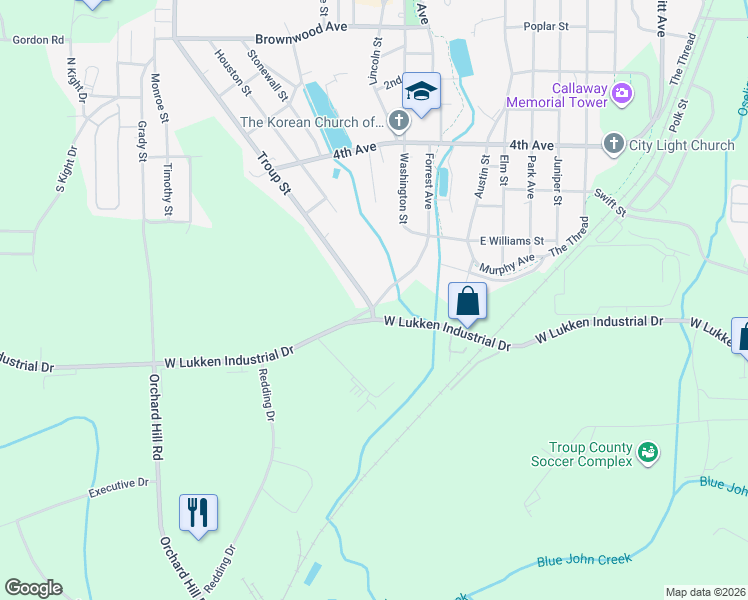 map of restaurants, bars, coffee shops, grocery stores, and more near 1424 Forrest Avenue in LaGrange