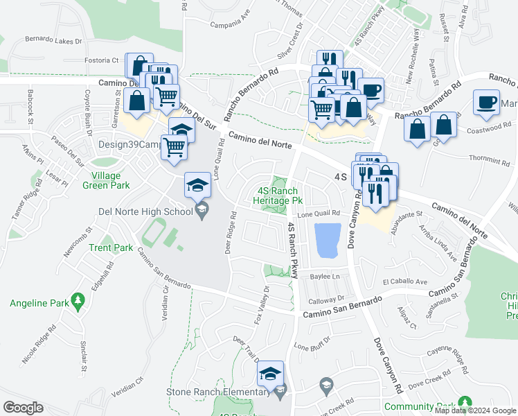 map of restaurants, bars, coffee shops, grocery stores, and more near 9876 Lone Quail Road in San Diego