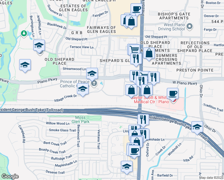 map of restaurants, bars, coffee shops, grocery stores, and more near 1308 Village Creek Drive in Plano