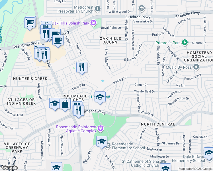 map of restaurants, bars, coffee shops, grocery stores, and more near 1339 Barclay Drive in Carrollton