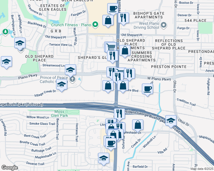 map of restaurants, bars, coffee shops, grocery stores, and more near 1025 Preston Road in Plano