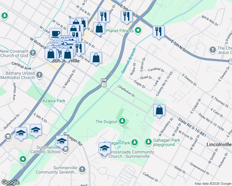 map of restaurants, bars, coffee shops, grocery stores, and more near 503 East Richardson Avenue in Summerville