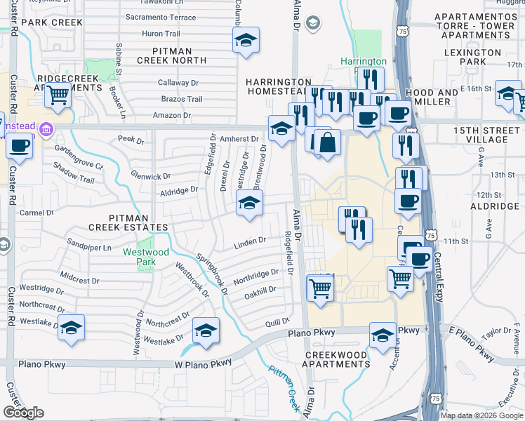 map of restaurants, bars, coffee shops, grocery stores, and more near 1220 Janwood Drive in Plano