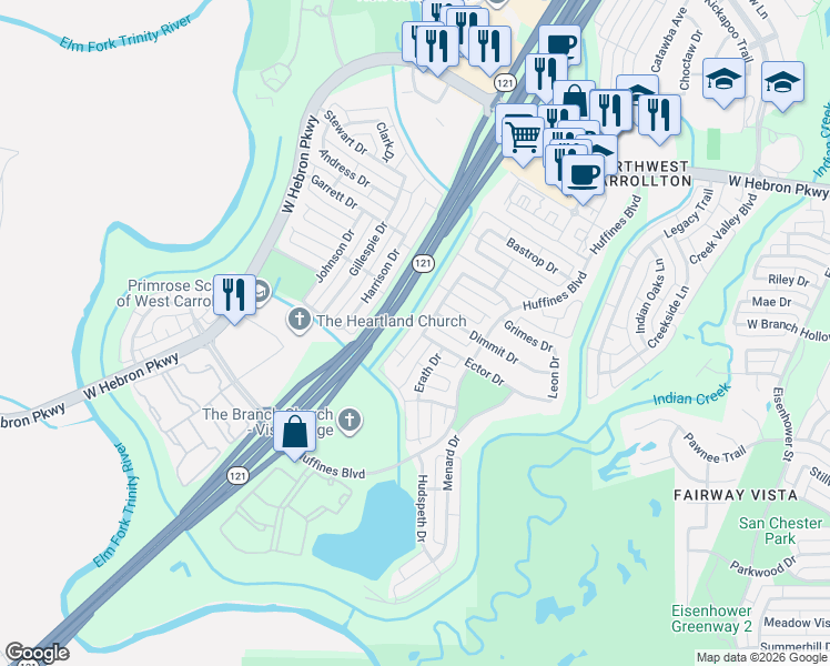 map of restaurants, bars, coffee shops, grocery stores, and more near 3833 Cochran Drive in Carrollton