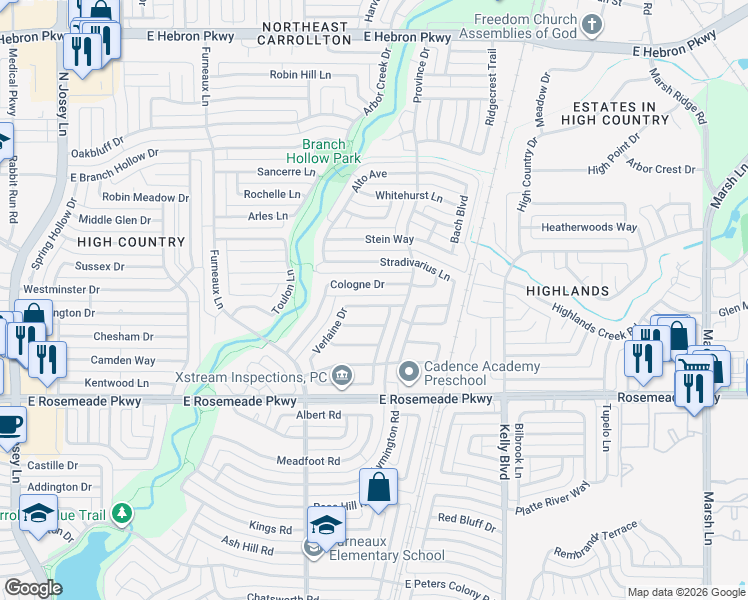 map of restaurants, bars, coffee shops, grocery stores, and more near 2017 Verlaine Drive in Carrollton