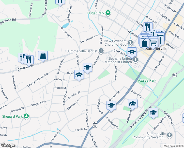 map of restaurants, bars, coffee shops, grocery stores, and more near 407 West Carolina Avenue in Summerville