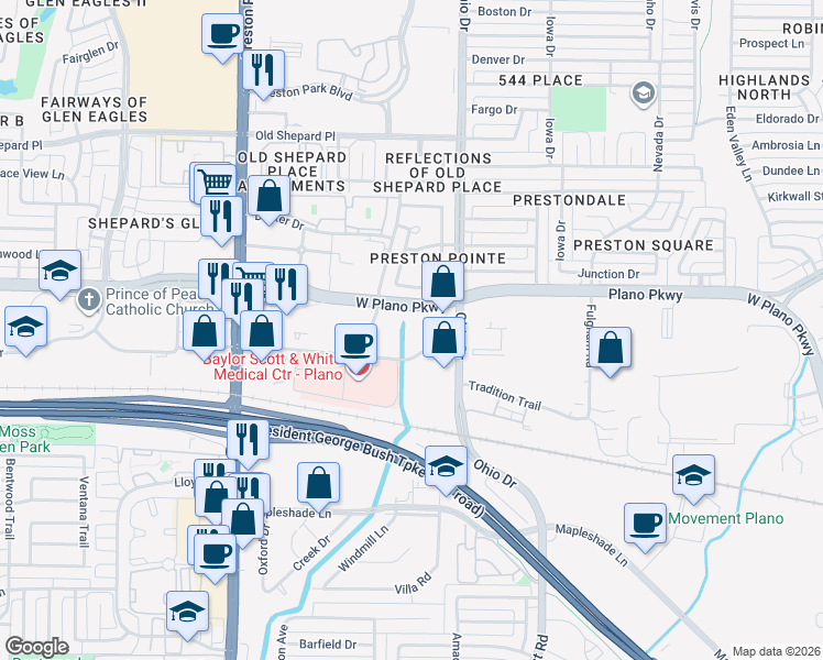 map of restaurants, bars, coffee shops, grocery stores, and more near 4636 West Plano Parkway in Plano