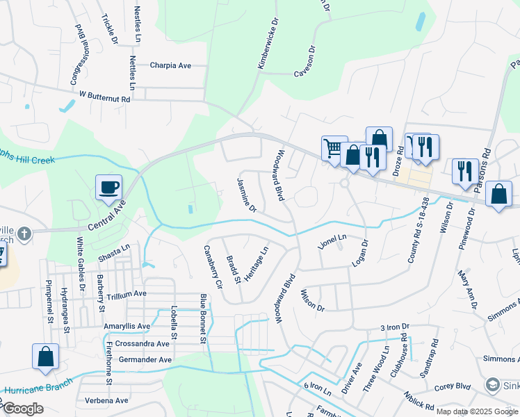 map of restaurants, bars, coffee shops, grocery stores, and more near 227 Jasmine Drive in Summerville