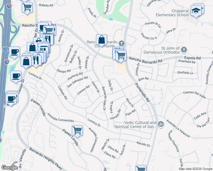 map of restaurants, bars, coffee shops, grocery stores, and more near 16646 Bernardo Oaks Drive in San Diego