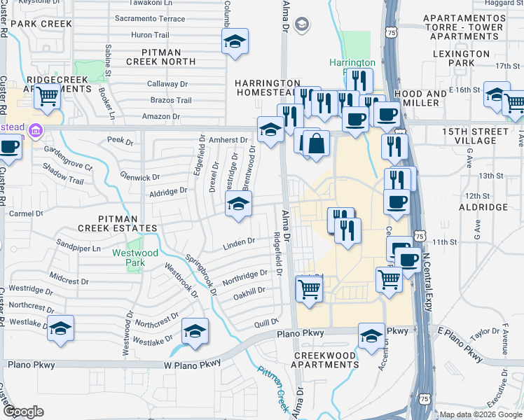 map of restaurants, bars, coffee shops, grocery stores, and more near 1220 Janwood Drive in Plano