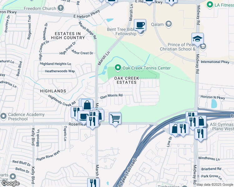map of restaurants, bars, coffee shops, grocery stores, and more near 3800 Maywood Drive in Carrollton