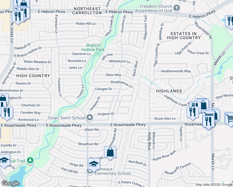 map of restaurants, bars, coffee shops, grocery stores, and more near 3809 Clover Hill Lane in Carrollton