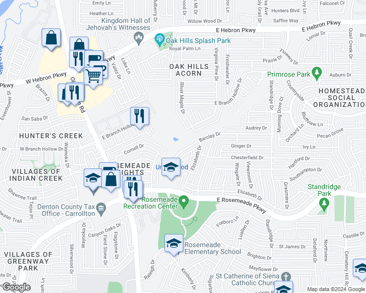 map of restaurants, bars, coffee shops, grocery stores, and more near 1339 Barclay Drive in Carrollton