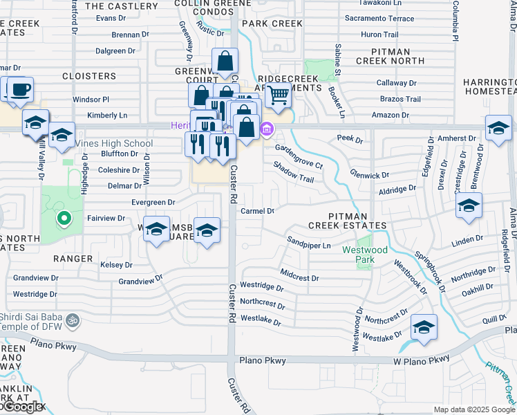 map of restaurants, bars, coffee shops, grocery stores, and more near 1201 Balboa Circle in Plano