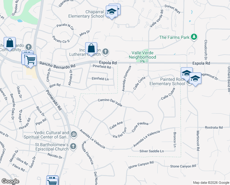 map of restaurants, bars, coffee shops, grocery stores, and more near 16630 Avenida Florencia in Poway