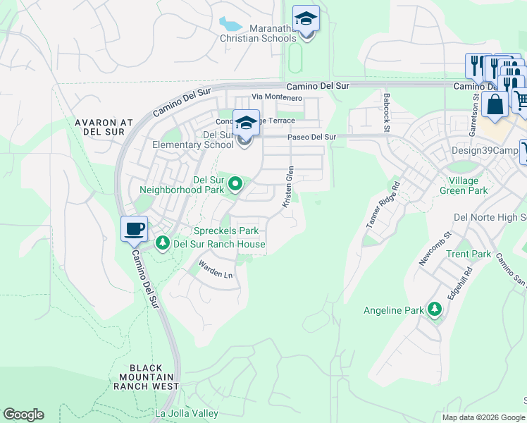 map of restaurants, bars, coffee shops, grocery stores, and more near 8520 Blackburn Lane in San Diego