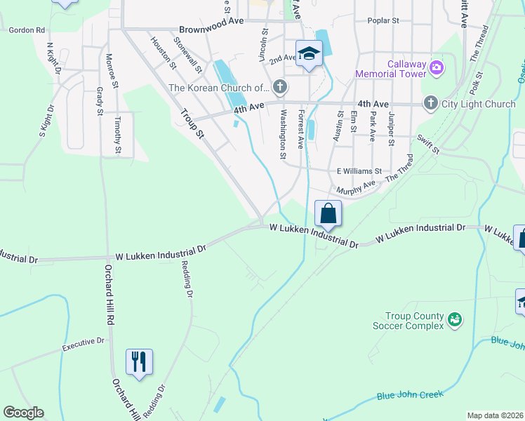 map of restaurants, bars, coffee shops, grocery stores, and more near 1424 Forrest Avenue in LaGrange