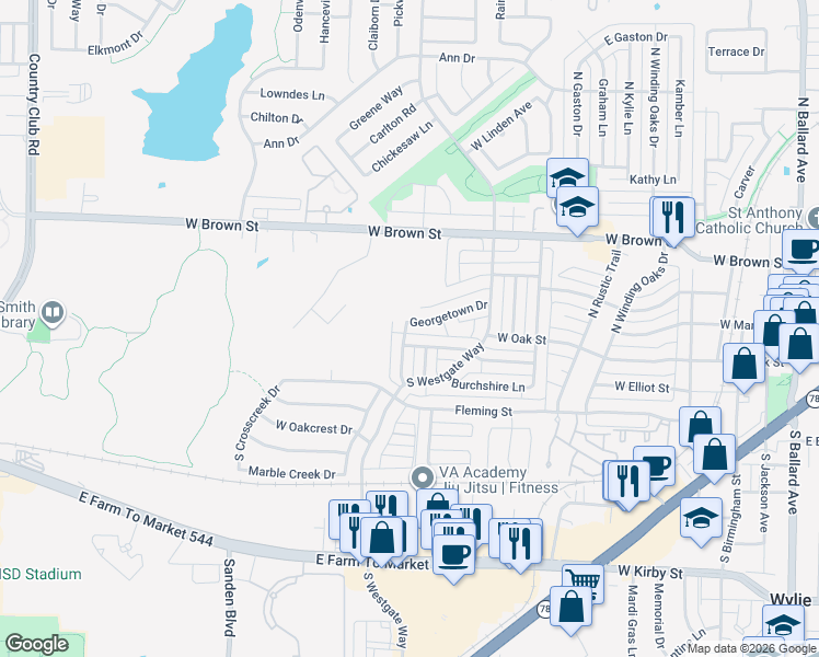 map of restaurants, bars, coffee shops, grocery stores, and more near 804 Andersonville Lane in Wylie