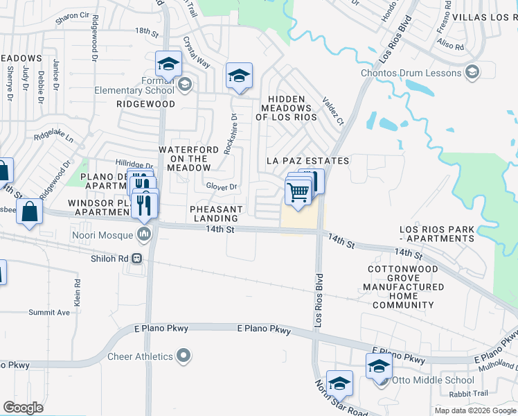 map of restaurants, bars, coffee shops, grocery stores, and more near 1413 Ridge Meadow Drive in Plano